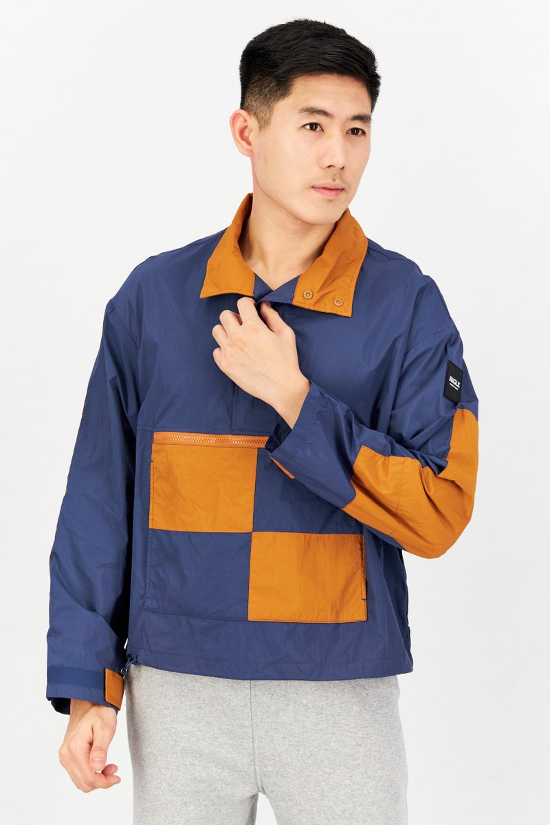 Aigle Men High Neck Long Sleeve Colorblock Windbreaker Jacket, Navy - Image 1