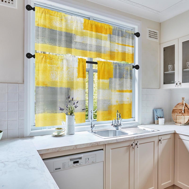 Tayney Grey Yellow Painting Kitchen Window Curtains Valance and Tier Set 36 Inch Contemporary Gray Abstract Rod Pocket Short Tier Curtain, Modern Small Drapes for Kitchen Decor - Image 5