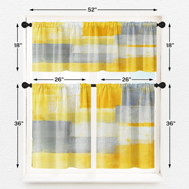 Tayney Grey Yellow Painting Kitchen Window Curtains Valance and Tier Set 36 Inch Contemporary Gray Abstract Rod Pocket Short Tier Curtain, Modern Small Drapes for Kitchen Decor - Image 3