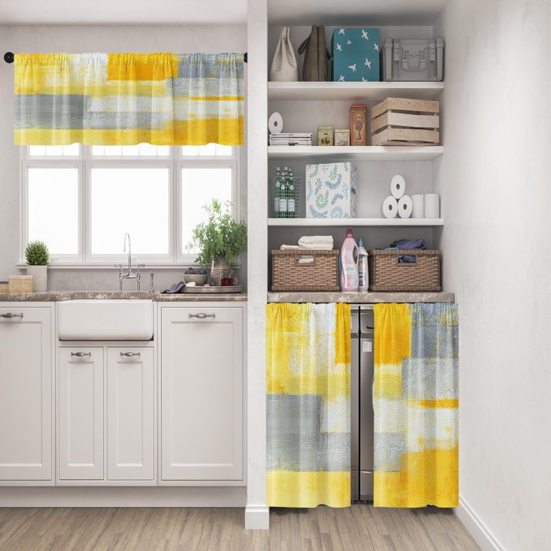 Tayney Grey Yellow Painting Kitchen Window Curtains Valance and Tier Set 36 Inch Contemporary Gray Abstract Rod Pocket Short Tier Curtain, Modern Small Drapes for Kitchen Decor - Image 2