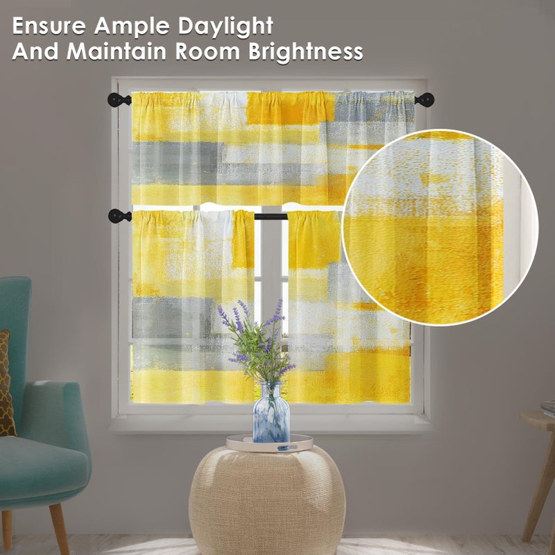 Tayney Grey Yellow Painting Kitchen Window Curtains Valance and Tier Set 36 Inch Contemporary Gray Abstract Rod Pocket Short Tier Curtain, Modern Small Drapes for Kitchen Decor - Image 4