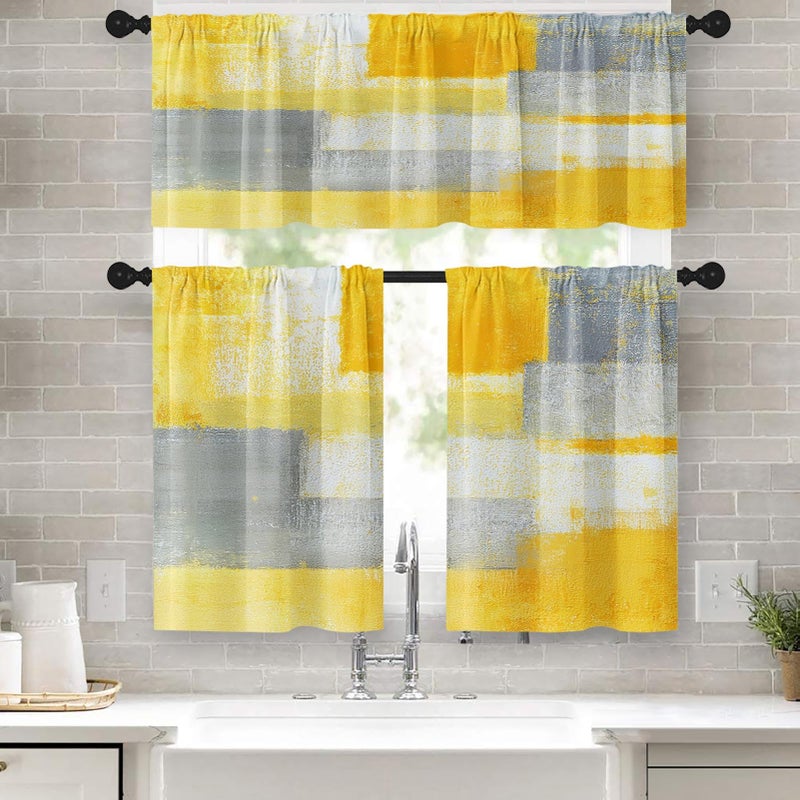 Tayney Grey Yellow Painting Kitchen Window Curtains Valance and Tier Set 36 Inch Contemporary Gray Abstract Rod Pocket Short Tier Curtain, Modern Small Drapes for Kitchen Decor - Image 1