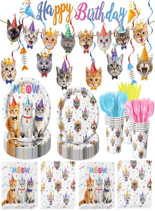 QIYANPAX 170PCS Cat Birthday Decorations Cat Birthday Party Supplies - Includes Plates, Napkins, Cups, Cutlery, Banner, Hanging Swirl for Cat Birthday Party Decorations, Serves 24 - Image 1