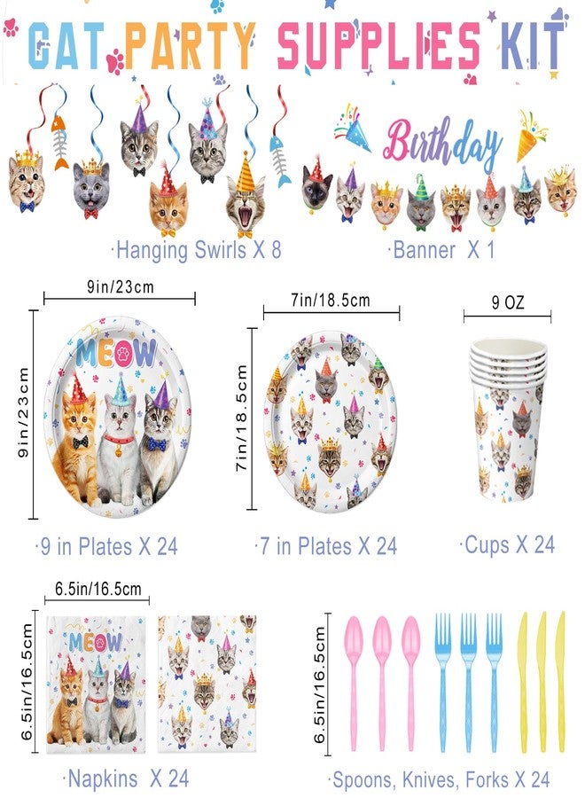 QIYANPAX 170PCS Cat Birthday Decorations Cat Birthday Party Supplies - Includes Plates, Napkins, Cups, Cutlery, Banner, Hanging Swirl for Cat Birthday Party Decorations, Serves 24 - Image 2
