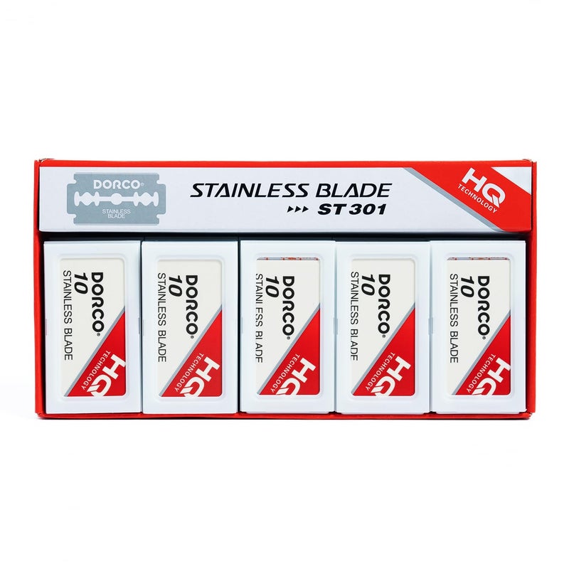 Dorco Double Edge Razor Blades ST301 Stainless Steel Dispenser Box with Used Blade Disposal Area for Hair Stylists and Barbers D212 100 Count Pack of 10 Fathers Day Gifts