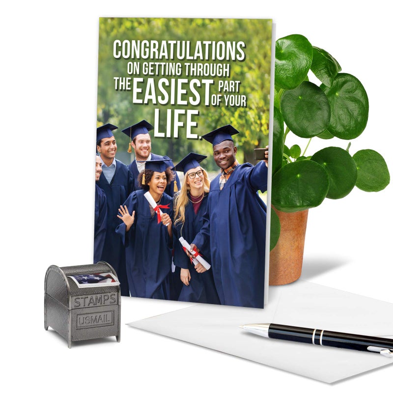 NobleWorks - 1 Funny Graduation Greeting Card - Congrats for Graduate, Notecard Stationery for School, College - Easiest Part of Life C6763GDG - Image 3