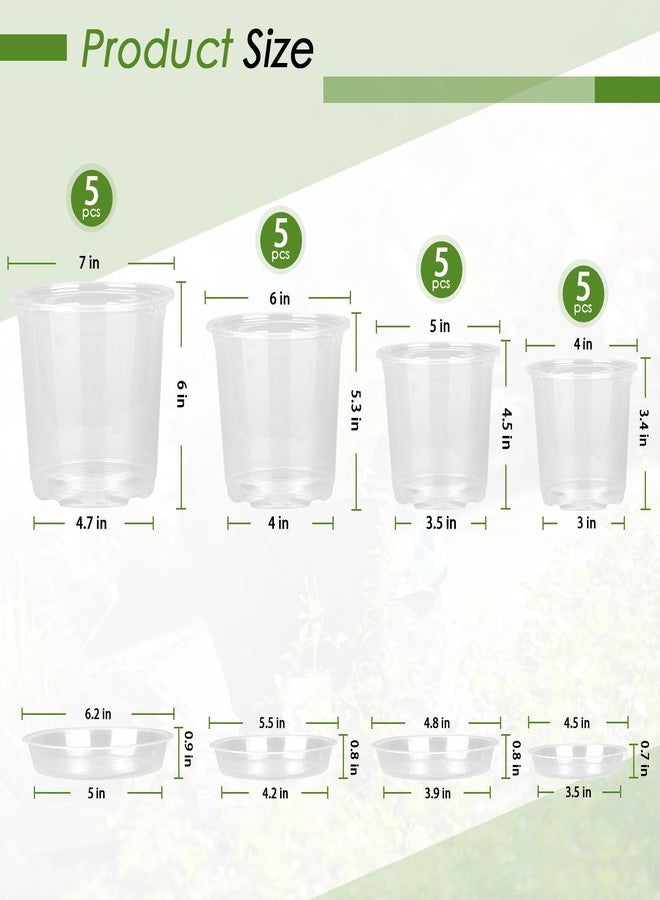 FUIJOL 4/5/6/7 Inch Clear Nursery Pots for Plants with Sacuers 20 Pack, Plastic Flower Pots with Drainage Holes, Variety Pack Seedlings Garden Pot for Indoor Outdoor (4+5+6+7 inch) - Image 2