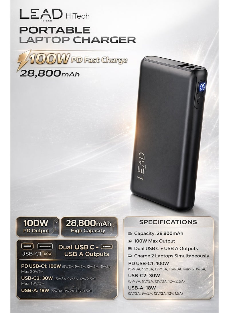 LEAD 100W Power Bank 28800mAh - Fast Charging Portable Laptop Charger, High-Capacity USB-C PD Fast Charger, Dual Type-C & USB-A Outputs, Power Bank for MacBook, Laptops & Smartphones – Black - Image 4