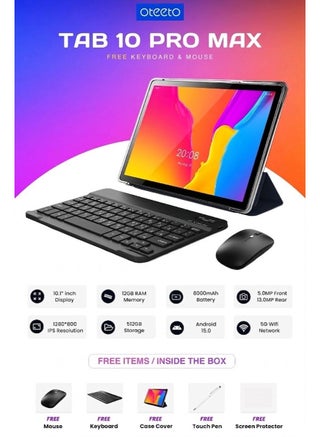 Tab 10 Pro Max Android 15 Tablet , 10.1 Inch IPS Display, 12GB RAM + 512GB ROM, Dual SIM, 8000mAh Battery, Quad Core 2.0GHz, 5 MP Front + 13 MP Rear, 5G WiFi - Grey - view 2