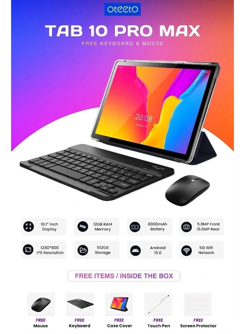 Oteeto Tab 10 Pro Max Android 15 Tablet , 10.1 Inch IPS Display, 12GB RAM + 512GB ROM, Dual SIM, 8000mAh Battery, Quad Core 2.0GHz, 5 MP Front + 13 MP Rear, 5G WiFi - Grey - Image 2