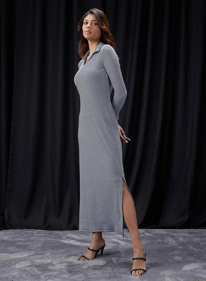 globus Black Collared Neck Long Sleeves Striped Maxi Dress