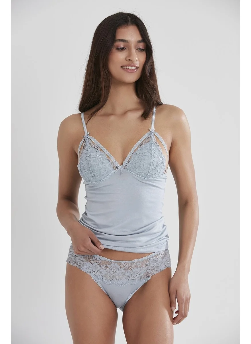 بيير كاردان 375 Women's Lace Combed Cotton Singlet Panties Camisole Set - Mist