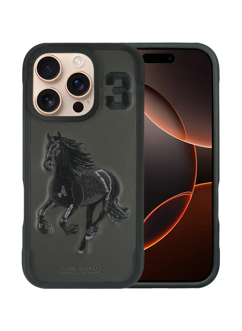 SANTA BARBARA POLO & RACQUET CLUB Boris Series Horse Embroidery MagSafe Phone Case for iPhone 16 Pro Max – Shockproof, Premium Pleather & TPU, Anti-Slip Grip, Raised Edges for Screen & Camera Protection, Scratch-Resistant, Lightweight & Slim Design – Dark Grey  - Image 1