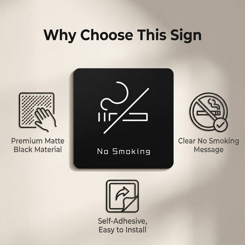 Premium Quality Black Frosted No Smoking Sign With High Visibility Self Adhesive For Easy Installation For Offices Meeting Rooms Restaurants Hotels And Non Smoking Areas Model No Smoking Sign 10cm x 10cm - Image 1