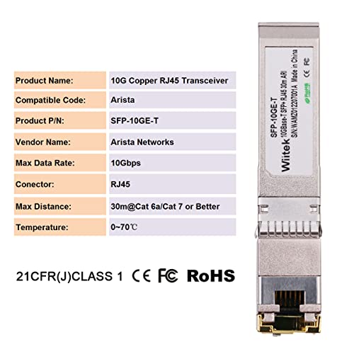 Wiitek 10G SFP+ to RJ45 Copper Modules, 1.25G/2.5G/5G/10GBase-T Ethernet Copper to SFP+ Transceiver Compatible for Arista SFP-10GE-T(Cat 6a/7 or Better, 30-Meter) - Image 3