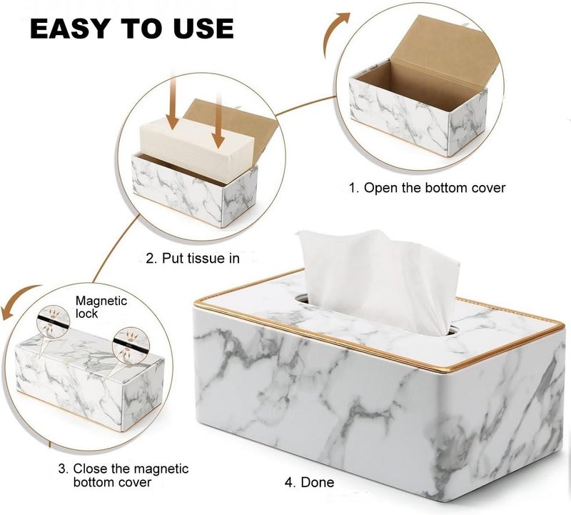 BLYPHOO Tissue Box Cover: Leather Tissue Box Holder for Car Office Home Hotel- Luxurious Napkin Dispenser, Large Durable Facial Dispenser Case for Bathroom, Bedroom, Living Room (Marble) - Image 2