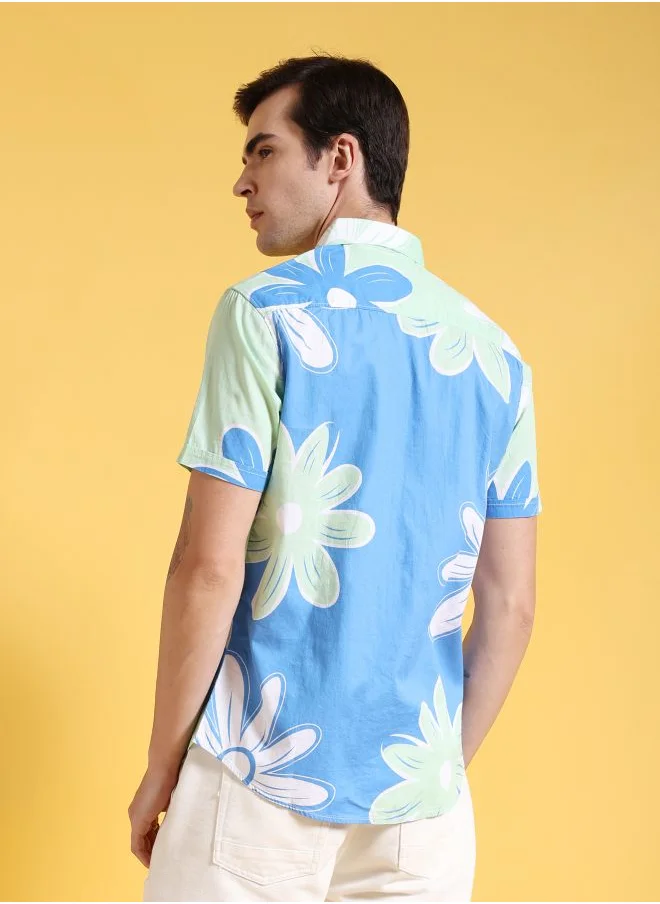 The Indian Garage Co Men Slim Fit Floral Printed Half Sleeves Cutaway Collar Casual Shirt