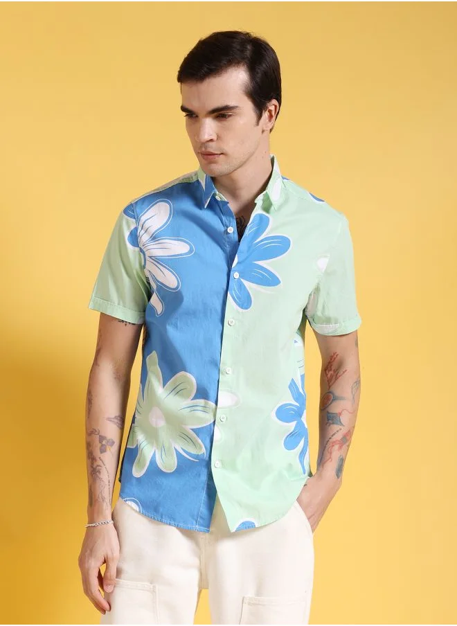 The Indian Garage Co Men Slim Fit Floral Printed Half Sleeves Cutaway Collar Casual Shirt