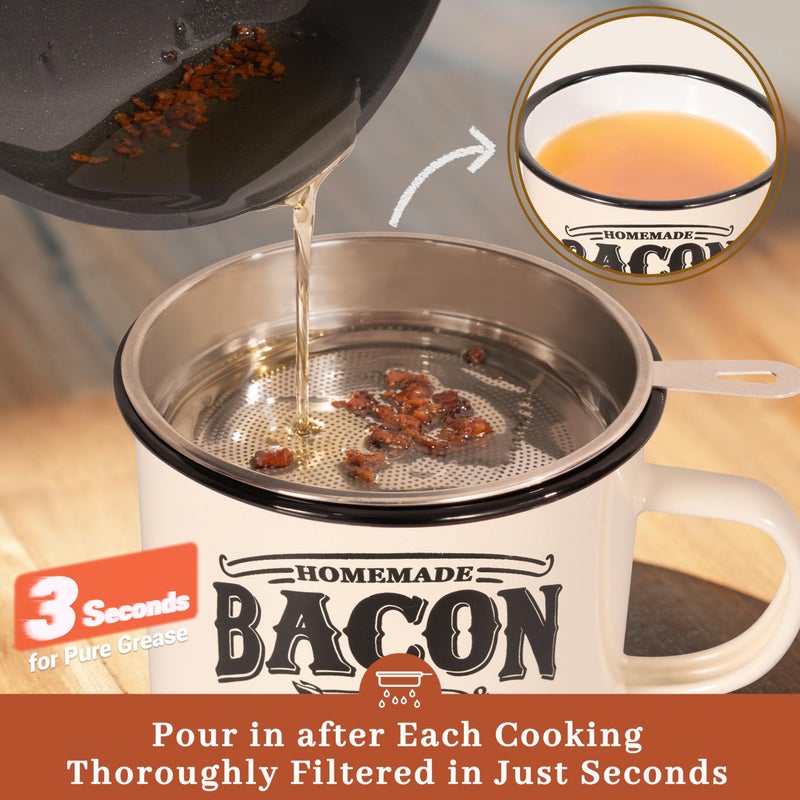 Ayerphalo Bacon Grease Container with Strainer - With Food-Grade Silicone Spatula, 24oz Enamel Rustic Farmhouse Fat Container, Keeper, Recipes, Dishwasher Safe - Image 4