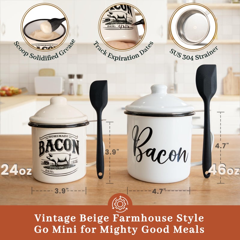 Ayerphalo Bacon Grease Container with Strainer - With Food-Grade Silicone Spatula, 24oz Enamel Rustic Farmhouse Fat Container, Keeper, Recipes, Dishwasher Safe - Image 3