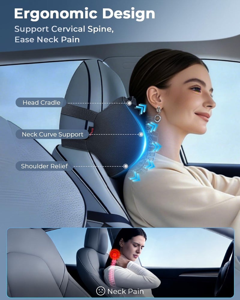 Aukee Memory Foam Car Neck Pillow - Soft Leather Headrest for Driving and Office Use - Black - Image 2