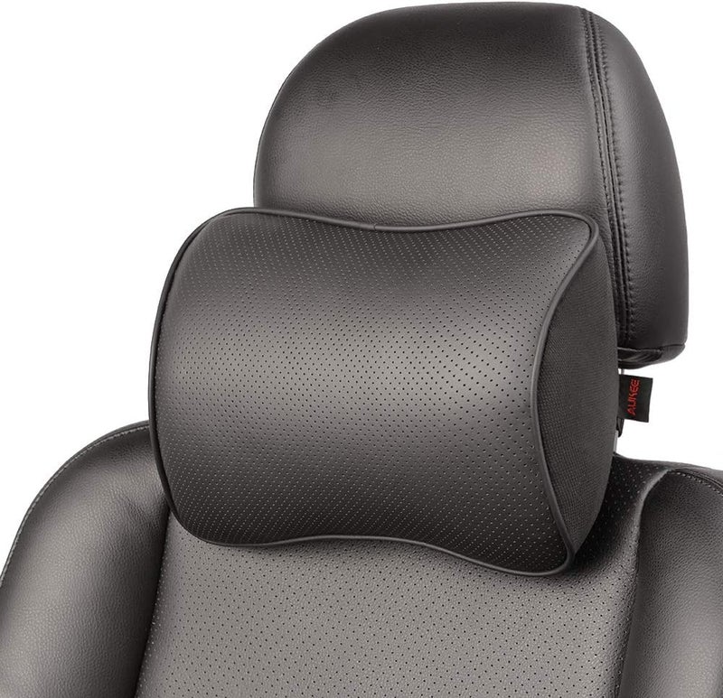 Aukee Memory Foam Car Neck Pillow - Soft Leather Headrest for Driving and Office Use - Black - Image 1