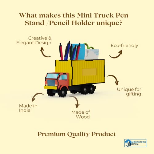 MakerTech Gifting Wooden Mini Truck Pen Stand | Pencil Holder | Desk Organizer | Gift for Men | Gift for Boys | New Office Gift | Unique Gift for Colleagues | Gift for Father | Gift for Friend | Gift for Boss | Gift for Teacher or Student | Gift for Kids | Stylish Home Decor Gift(Yellow & Red)) - Image 4