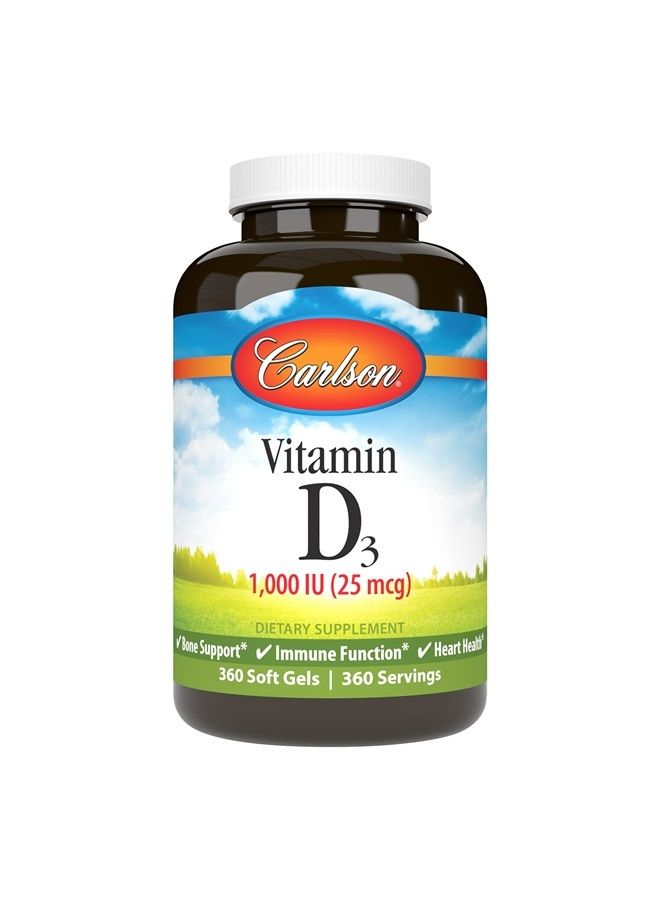 Carlson Vitamin D3, 1000 IU (25 mcg), Bone Health, Muscle Health, Cholecalciferol, Vitamin D Supplements, Vitamin D3 Soft Gels, 360 Softgels  - Image 1