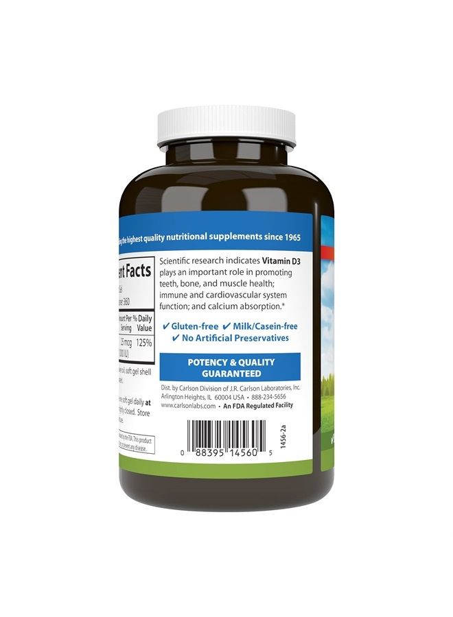 Carlson Vitamin D3, 1000 IU (25 mcg), Bone Health, Muscle Health, Cholecalciferol, Vitamin D Supplements, Vitamin D3 Soft Gels, 360 Softgels  - Image 3