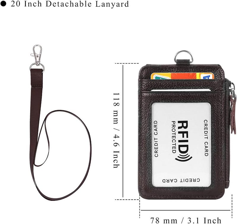 HAWEE Badge Holder with Zipper Genuine Leather RFID Keychain Wallet Neck Lanyards with Swivel Hook for Card/Coin/Cash, Coffee - Image 4