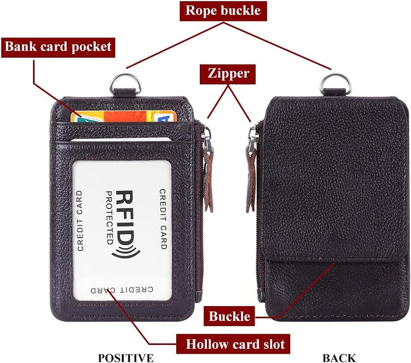 HAWEE Badge Holder with Zipper Genuine Leather RFID Keychain Wallet Neck Lanyards with Swivel Hook for Card/Coin/Cash, Coffee - Image 5