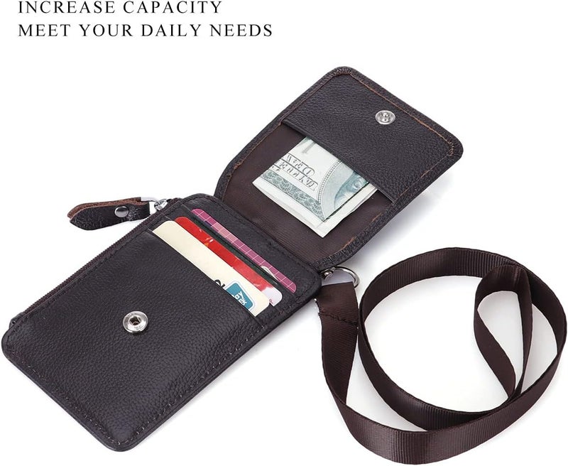 HAWEE Badge Holder with Zipper Genuine Leather RFID Keychain Wallet Neck Lanyards with Swivel Hook for Card/Coin/Cash, Coffee - Image 2