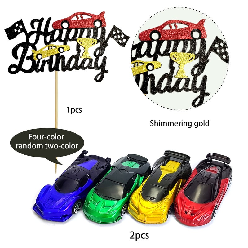 BANBALLON Cars Cake Topper Model Racing Car Chequered Flag Sports Themed Birthday Decor Supplies Decorations - Image 2