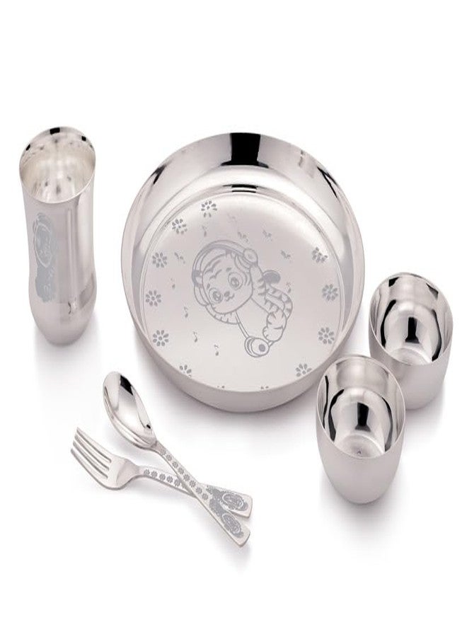 Silverglow BabyTiger Silver Plated Dinner Set for Baby, Stainless Steel thali Set of 6, Silver Plated Dinner Set, Luxury dinnerware Set, Return Gift, Baby Dinner Set Steel, Pure Silver Dinner Set - Image 1