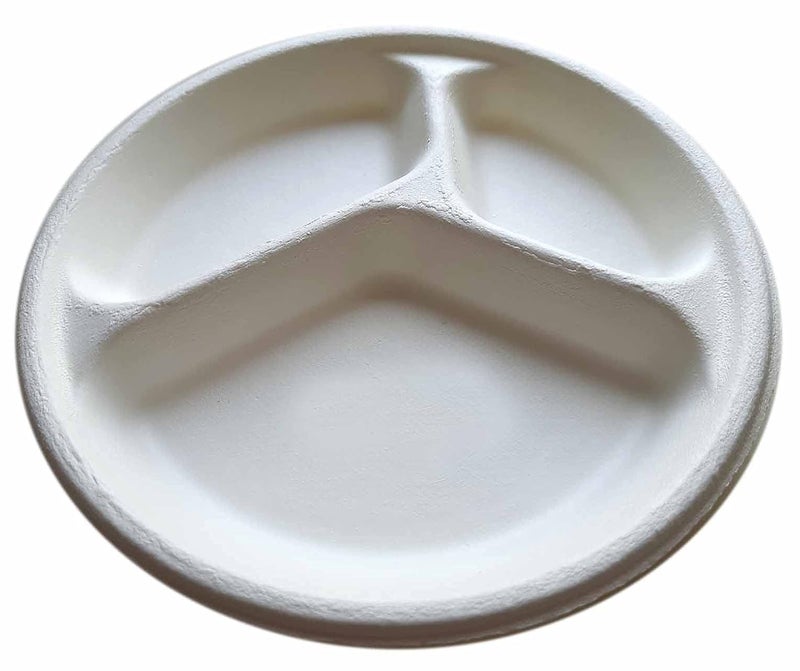 YASH VISION 9 Inch Round Disposable Plates with 3 Compartments Made of Sugar Cane Fiber Leak Proof and Strong Biodegradable and compostable Ideal for Salads Fruits Sweets Snacks Dinner 50 - Image 1