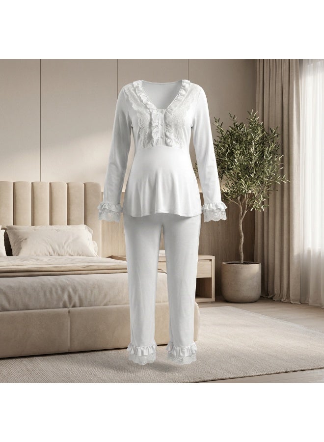 Lady Lingerie 2-Piece Maternity & Nursing Pajama Set | Long Sleeve Nursing Top with Lace Details & Adjustable Waist Pants | Cotton Viscose Blend | Made in Turkey - Image 2