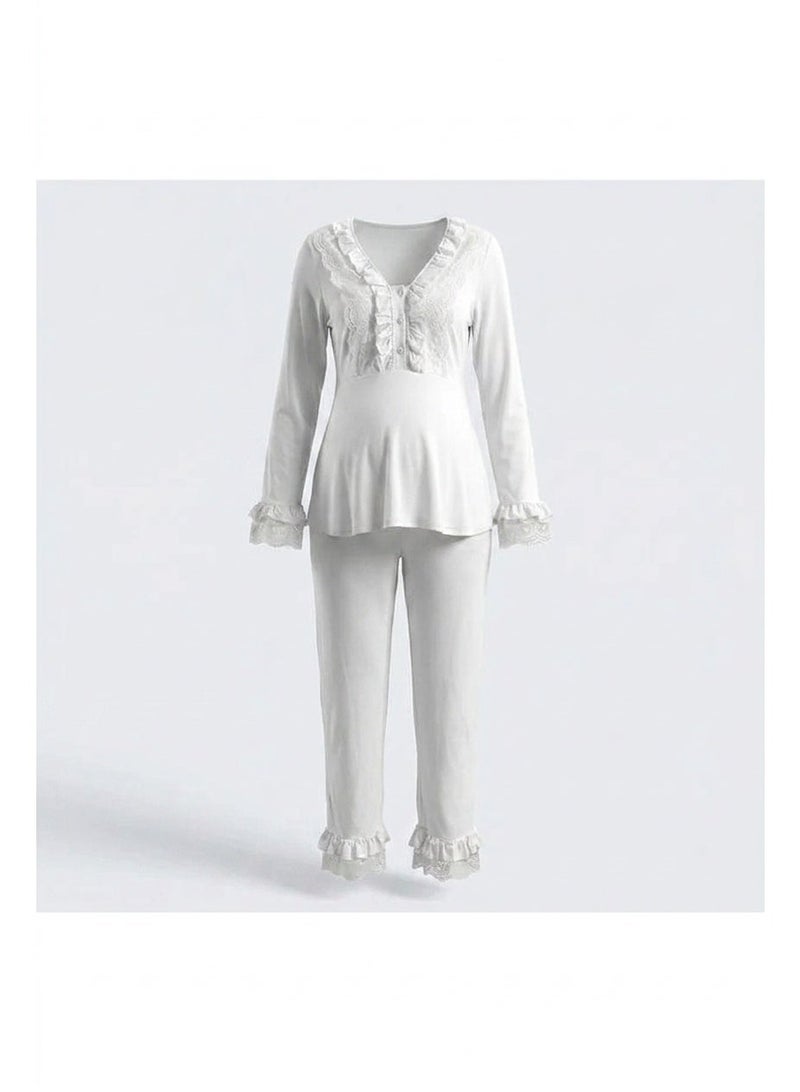 Lady Lingerie 2-Piece Maternity & Nursing Pajama Set | Long Sleeve Nursing Top with Lace Details & Adjustable Waist Pants | Cotton Viscose Blend | Made in Turkey - Image 5