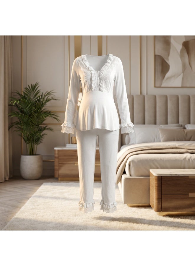 Lady Lingerie 2-Piece Maternity & Nursing Pajama Set | Long Sleeve Nursing Top with Lace Details & Adjustable Waist Pants | Cotton Viscose Blend | Made in Turkey - Image 4
