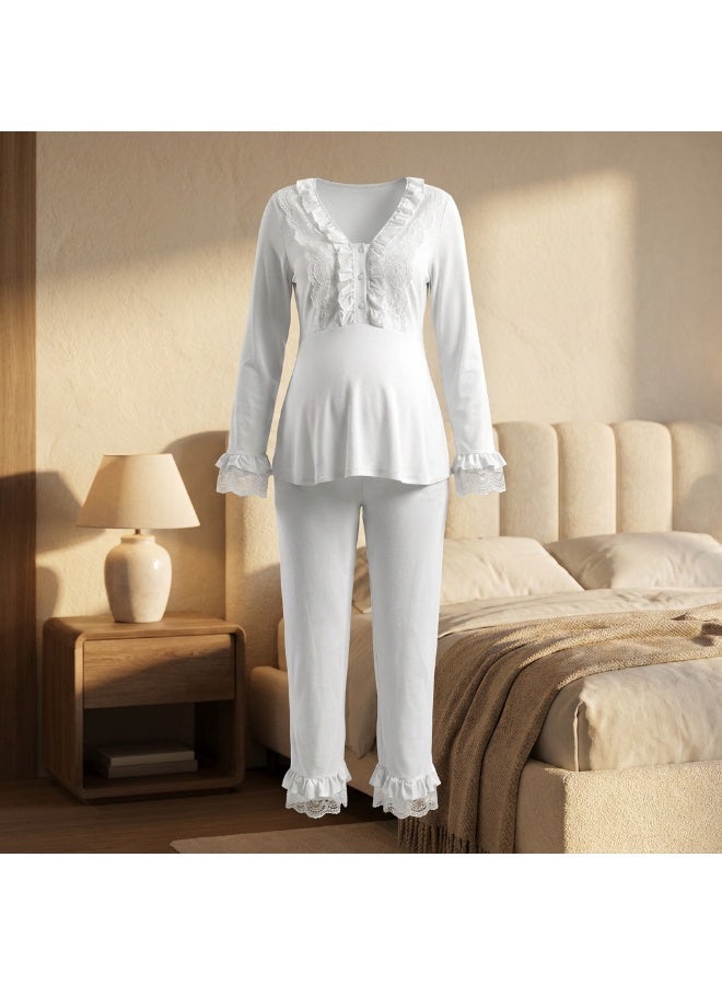 Lady Lingerie 2-Piece Maternity & Nursing Pajama Set | Long Sleeve Nursing Top with Lace Details & Adjustable Waist Pants | Cotton Viscose Blend | Made in Turkey - Image 3
