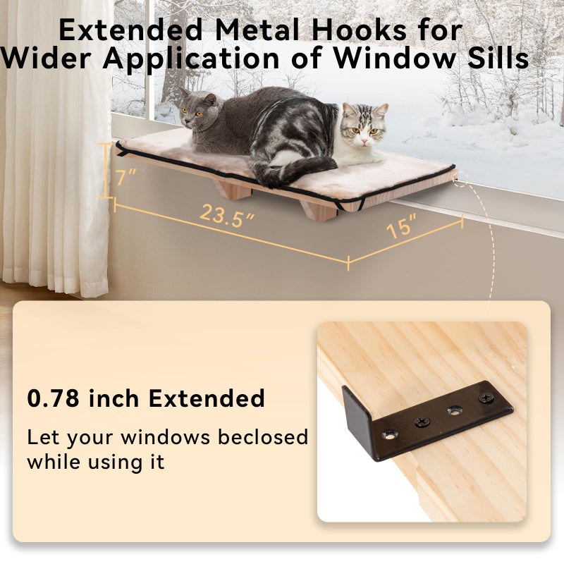 PETSFIT Cat Window Perch for 2 Cats, Adjustable Cat Hammock with Removable Fleece Mat, Natural Solid Wood Design, Easy to Assemble Window Perch for Large Cats, Fits Windowsill, Bedside & Drawer - Image 4