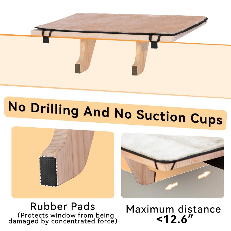 PETSFIT Cat Window Perch for 2 Cats, Adjustable Cat Hammock with Removable Fleece Mat, Natural Solid Wood Design, Easy to Assemble Window Perch for Large Cats, Fits Windowsill, Bedside & Drawer - Image 5