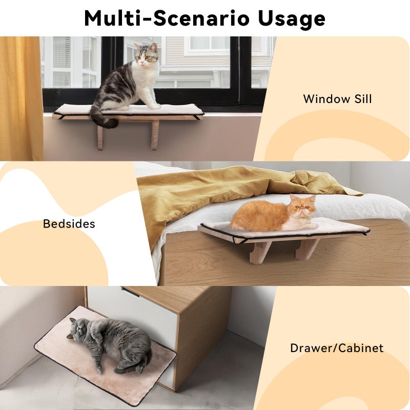PETSFIT Cat Window Perch for 2 Cats, Adjustable Cat Hammock with Removable Fleece Mat, Natural Solid Wood Design, Easy to Assemble Window Perch for Large Cats, Fits Windowsill, Bedside & Drawer - Image 2