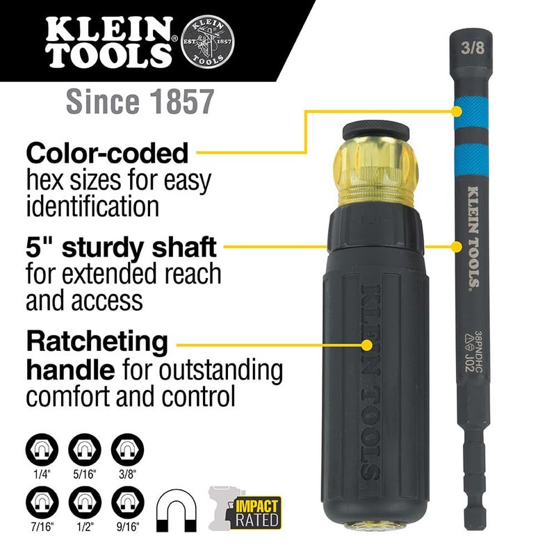 Klein Tools 32950 Ratcheting Impact Rated Hollow Power Nut Driver Set with Handle, Magnetic, Color Coded, 6 SAE Hex Sizes - Image 2