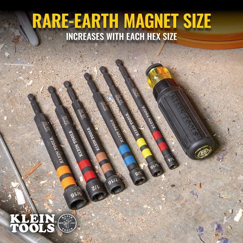 Klein Tools 32950 Ratcheting Impact Rated Hollow Power Nut Driver Set with Handle, Magnetic, Color Coded, 6 SAE Hex Sizes - Image 3