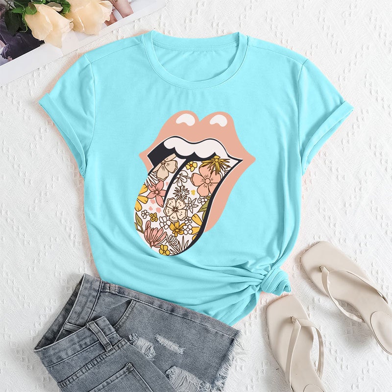 2025 Foreign Trade Womens Independent Station Temu Clothing Cross-border E-commerce ebay Amazon Lickitone Printed Polyester Ammonia T-shirt Lake blue 
