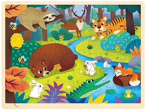 MoinKidz 48 Piece Puzzles for Kids Ages 48 Forest Animals Wooden Jigsaw Puzzles for Toddlers 4 Year Old Preschool Educational Puzzle Ages 35 with Tray - Image 1