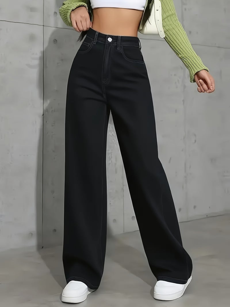 Ladies' Black Wide-leg Pants, Elastic Belt and Slanted Pockets - Mid-waisted High-waisted Stretch Long Pants, Straight Ankle Length to Ground, Suitable for Casual and Formal Use All Year... - Image 5
