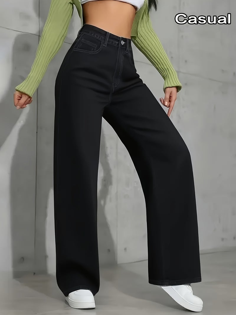 Ladies' Black Wide-leg Pants, Elastic Belt and Slanted Pockets - Mid-waisted High-waisted Stretch Long Pants, Straight Ankle Length to Ground, Suitable for Casual and Formal Use All Year... - Image 4