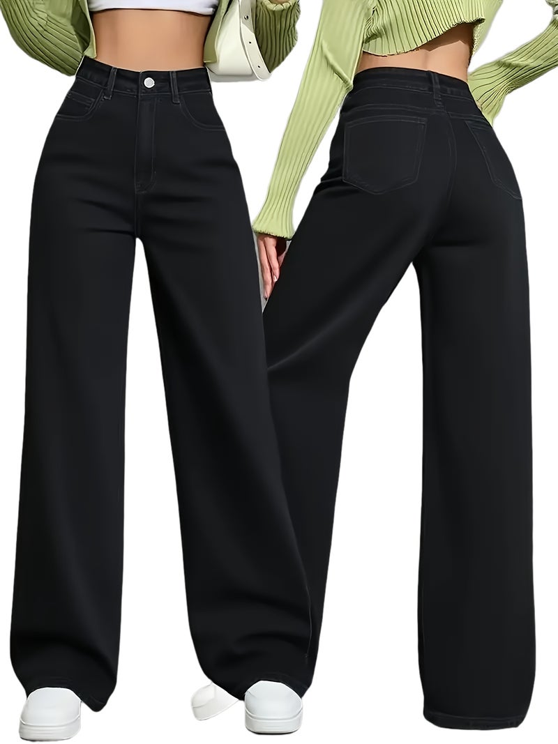 Ladies' Black Wide-leg Pants, Elastic Belt and Slanted Pockets - Mid-waisted High-waisted Stretch Long Pants, Straight Ankle Length to Ground, Suitable for Casual and Formal Use All Year... - Image 1