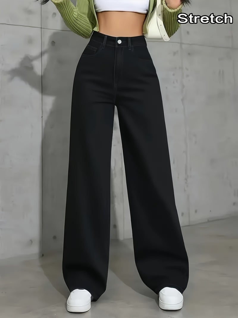Ladies' Black Wide-leg Pants, Elastic Belt and Slanted Pockets - Mid-waisted High-waisted Stretch Long Pants, Straight Ankle Length to Ground, Suitable for Casual and Formal Use All Year... - Image 2